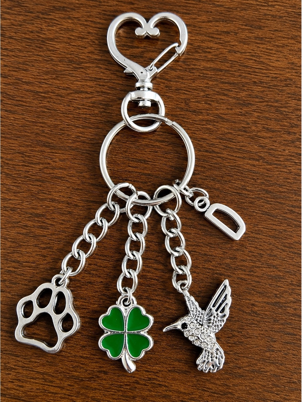 Silver Tone Charm Keychain with Paw, Four-Leaf Clover, Hummingbird, and Letter D